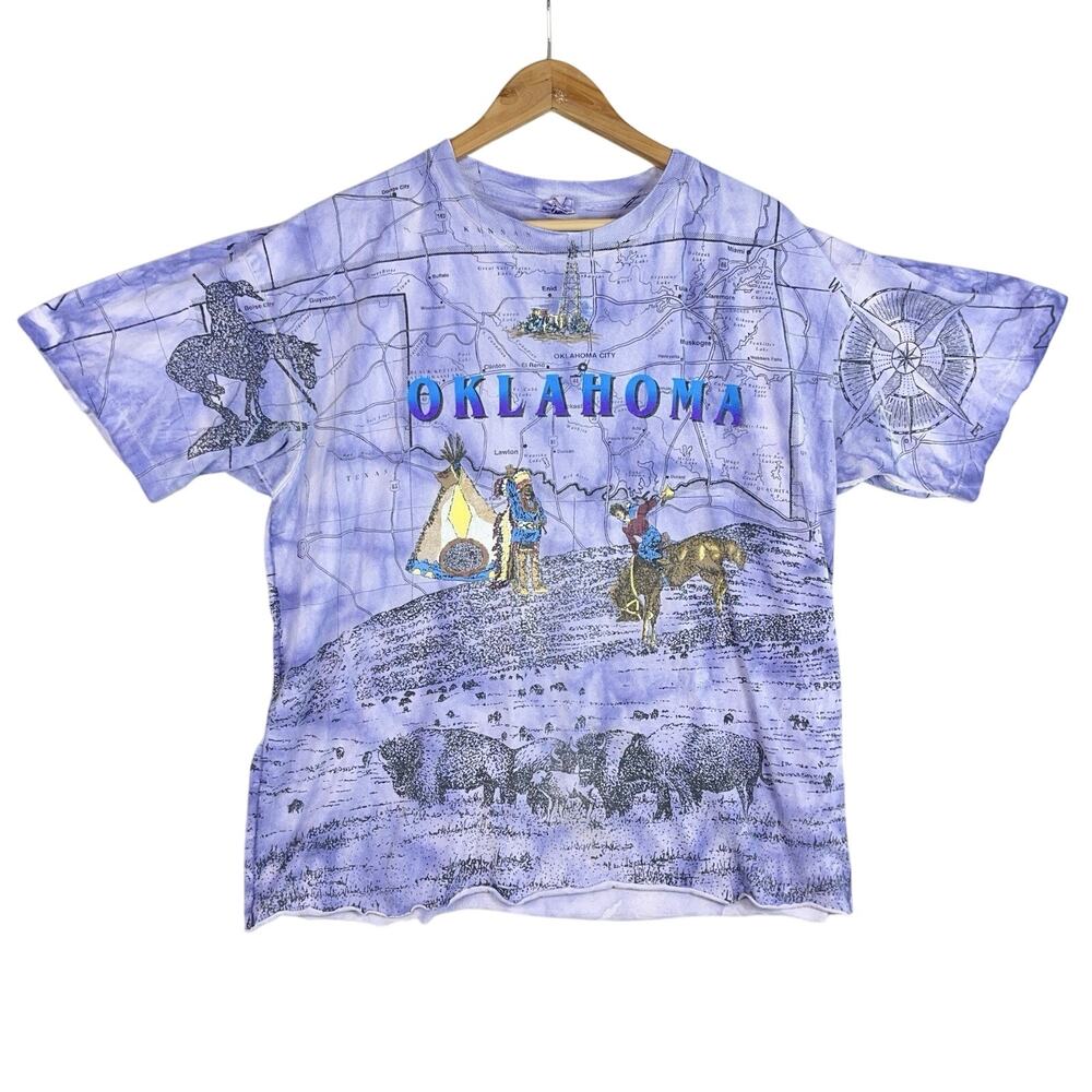 Vintage 90s Oklahoma AOP Single Stitch T Shirt Tee Men's XL Westerncore Rare
